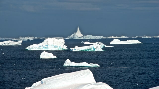 Eisberge in verschiedensten Formen auf dunkelblauem Wasser. Eisberge in verschiedensten Formen auf dunkelblauem Wasser.