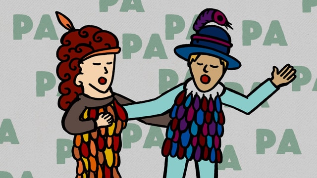 Illustration: Die Figuren der Papagena und des Papagenos mit Vogelfedern geschmückt. Illustration: Die Figuren der Papagena und des Papagenos mit Vogelfedern geschmückt.