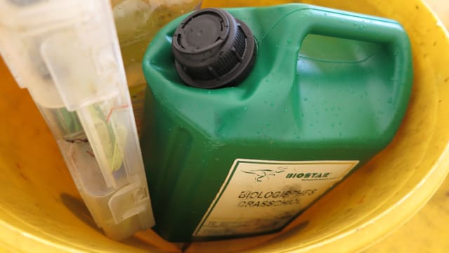 Eine Plastikflasche voller Grasskiöl. Eine Plastikflasche voller Grasskiöl.
