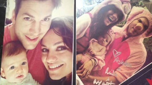 Ashton Kutcher und Mila Kunis posieren mit ihrem Baby für die Kamera. Ashton Kutcher und Mila Kunis posieren mit ihrem Baby für die Kamera.