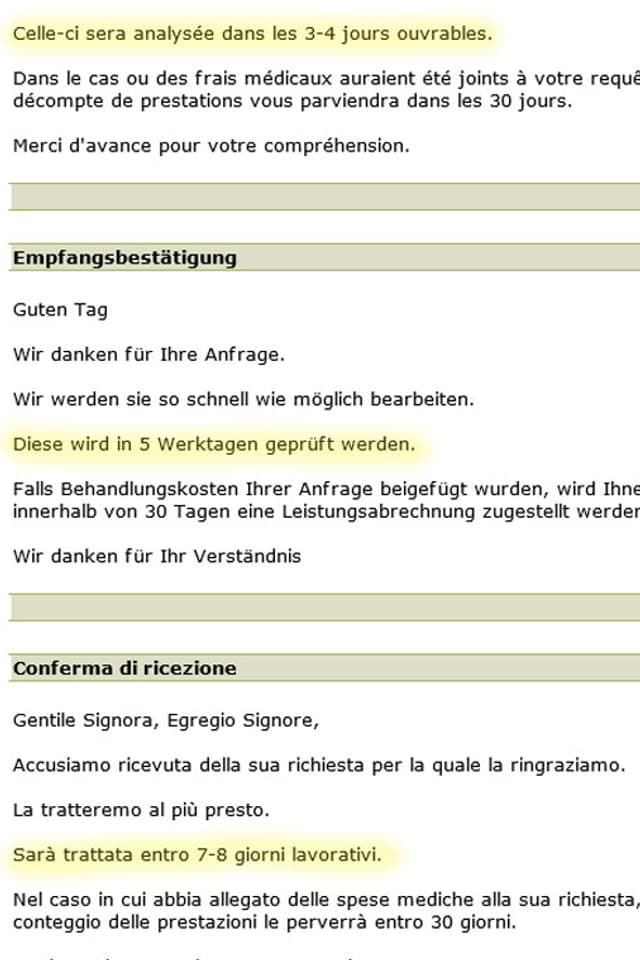 Auszug aus einem Mail von Assura mit unterschiedlichen Zeitangaben. Auszug aus einem Mail von Assura mit unterschiedlichen Zeitangaben.