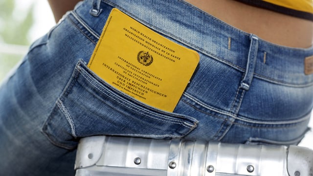 Hinteransicht einer Person, die auf einem Alukoffer sitzt und den Impfausweis nachlässig in der Gesässtasche ihrer Jeans eingesteckt hat. Hinteransicht einer Person, die auf einem Alukoffer sitzt und den Impfausweis nachlässig in der Gesässtasche ihrer Jeans eingesteckt hat.