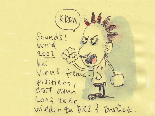 Zu sehen ist ein wütender junger Mann mit roter Irokesen-Frisur. Er schüttelt die Faust und ärgert sich über das fremdplatzierte Sounds!