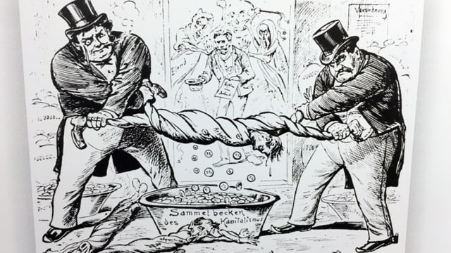 Karikatur zeigt zwei dicke Männer, die einen dünnen auswringen. Diesem fallen Münzen aus den Taschen. Karikatur zeigt zwei dicke Männer, die einen dünnen auswringen. Diesem fallen Münzen aus den Taschen.