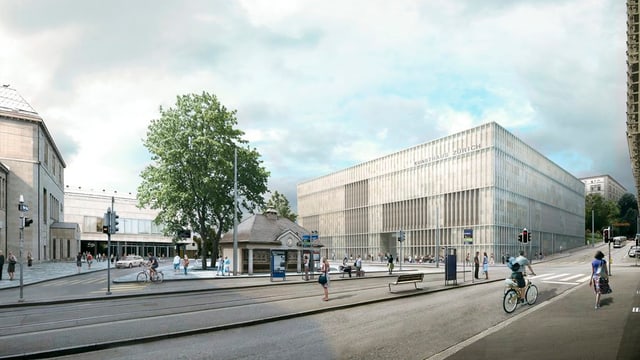 Ein Platz mit Baum, Kiosk, Tramhaltestelle und dem neuen Bau des Kunsthaus. Ein Platz mit Baum, Kiosk, Tramhaltestelle und dem neuen Bau des Kunsthaus.