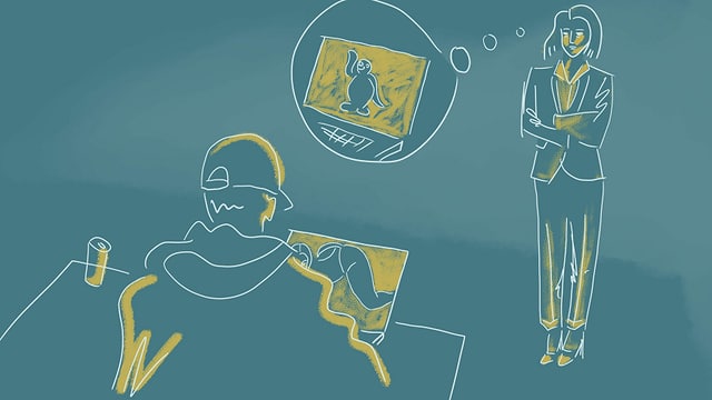 eine Illustration, die einen Teenager am Laptop zeigt und eine Mutter, die an die Sendung Pingu denkt eine Illustration, die einen Teenager am Laptop zeigt und eine Mutter, die an die Sendung Pingu denkt
