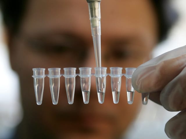 Ein Mann, unscharf zu erkennen, spritzt mit der Pipette eine Flüssigkeit in ein Analysebehälter. Ein Mann, unscharf zu erkennen, spritzt mit der Pipette eine Flüssigkeit in ein Analysebehälter.