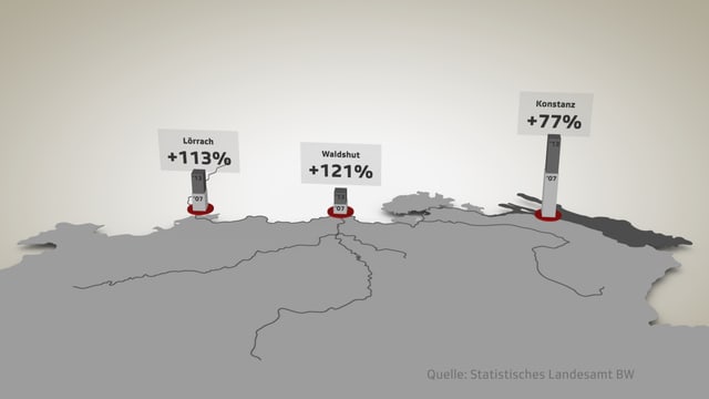 Karte, die die Städte Konstanz, Waldshut und Lörrach zeigt. Karte, die die Städte Konstanz, Waldshut und Lörrach zeigt.
