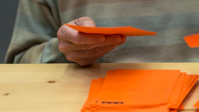Ein Mann zählt Wahlzettel aus. Ein Mann zählt Wahlzettel aus.