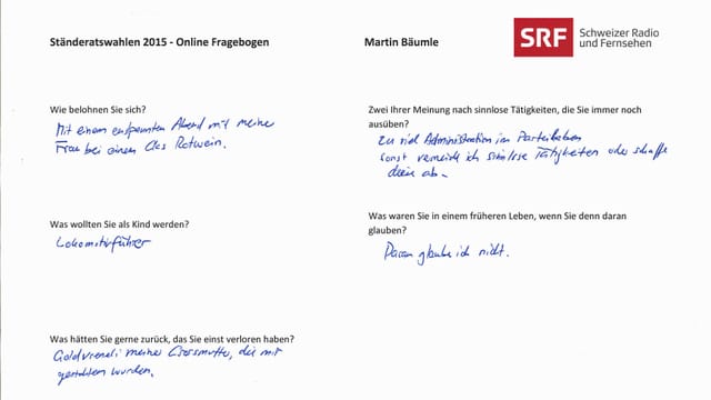 Handschriftlicher Fagebogen von Martin Bäumle. Handschriftlicher Fagebogen von Martin Bäumle.