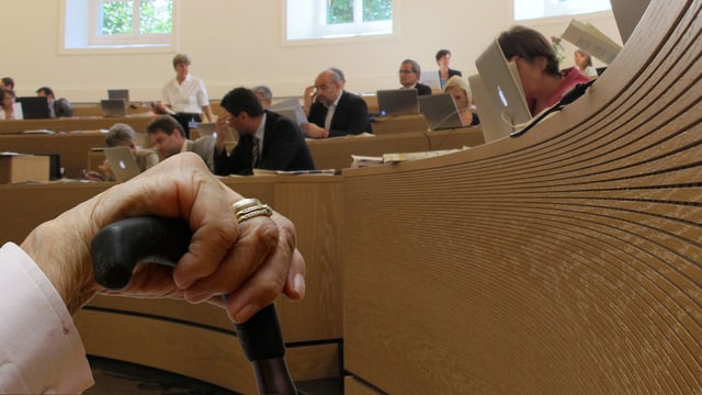 Parlamentsbetrieb, im Vordergrund die Hand einer Greisin an einem Stock Parlamentsbetrieb, im Vordergrund die Hand einer Greisin an einem Stock