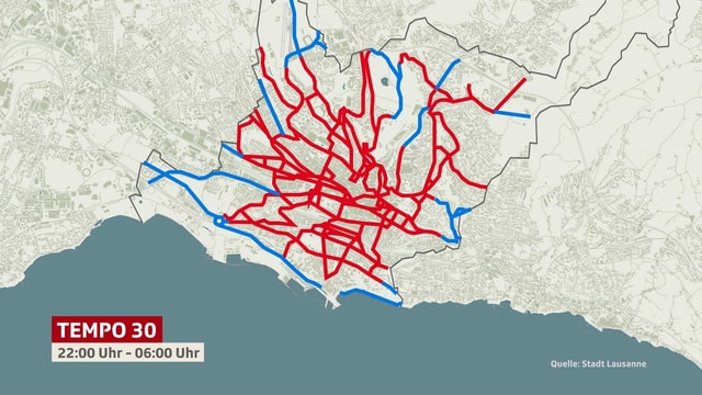 Strassenplan von Lausanne mit eingezeichneten Tempo 30-Zonen Strassenplan von Lausanne mit eingezeichneten Tempo 30-Zonen