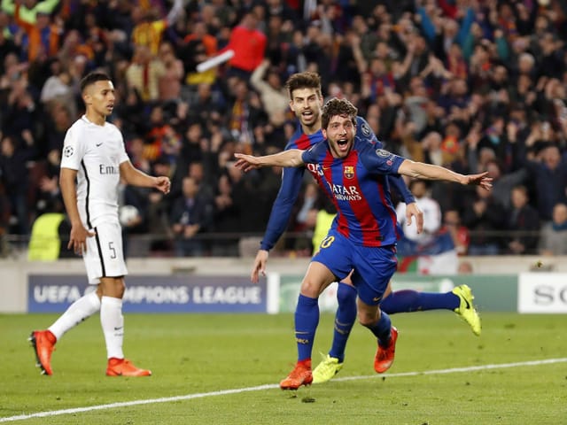 Sergi Roberto nach seinem Treffer zum 6:1 im Achtelfinal-Rückspiel im März 2017. Sergi Roberto nach seinem Treffer zum 6:1 im Achtelfinal-Rückspiel im März 2017.