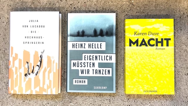 Drei Romane vor Betonhintergrund - Julia von Lucadou: Die Hochhausspringerin, Heinz Helle: Eigentlich müssten wir tanzen und Karen Duve: Macht. Drei Romane vor Betonhintergrund - Julia von Lucadou: Die Hochhausspringerin, Heinz Helle: Eigentlich müssten wir tanzen und Karen Duve: Macht.