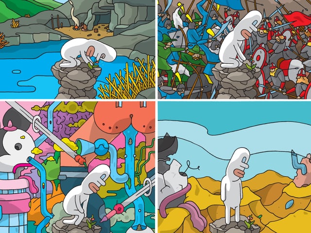 Vier Bilder aus dem Comic «Unterwegs mit Samuel». Vier Bilder aus dem Comic «Unterwegs mit Samuel».