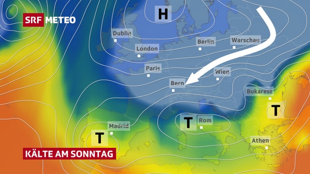 Eine Europakarte mit den Temperaturen und Drucklinien von kommendem Sonntag. Eine Europakarte mit den Temperaturen und Drucklinien von kommendem Sonntag.