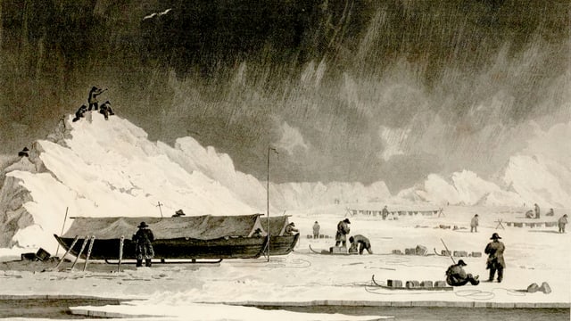 Skizze aus einem Buch: Männer neben kleinen Schlitten, daneben zwei grosse Boote auf eisigem Boden. Skizze aus einem Buch: Männer neben kleinen Schlitten, daneben zwei grosse Boote auf eisigem Boden.