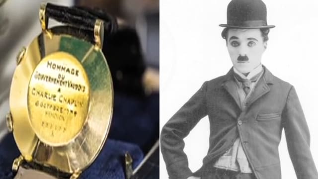 Bildmontage zweier Bilder: Auf dem rechten Bild sieht man die goldene Rückseite einer Armbanduhr. Auf der rechten Seite ist Charlie Chaplin zu sehen. Bildmontage zweier Bilder: Auf dem rechten Bild sieht man die goldene Rückseite einer Armbanduhr. Auf der rechten Seite ist Charlie Chaplin zu sehen.