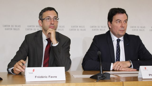 Staatsrat Frédéric Favre und der Stadtpräsident von Sitten, Philippe Varone zur Nachhaltigkeit von «Sion 2026»