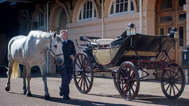 Philip Barnard-Brown, Kutscher des Buckingham Palasts mit Pferd und Kutsche. Philip Barnard-Brown, Kutscher des Buckingham Palasts mit Pferd und Kutsche.