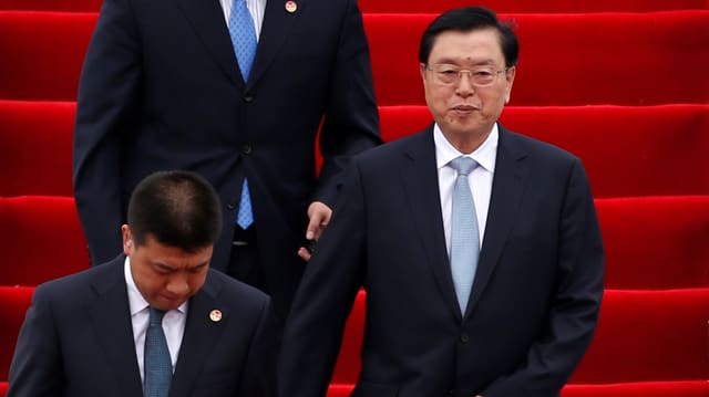 Zhang Dejiang sowie zwei weitere Chinesen in Anzügen schreiten eine Treppe mit rotem Teppich herunter.