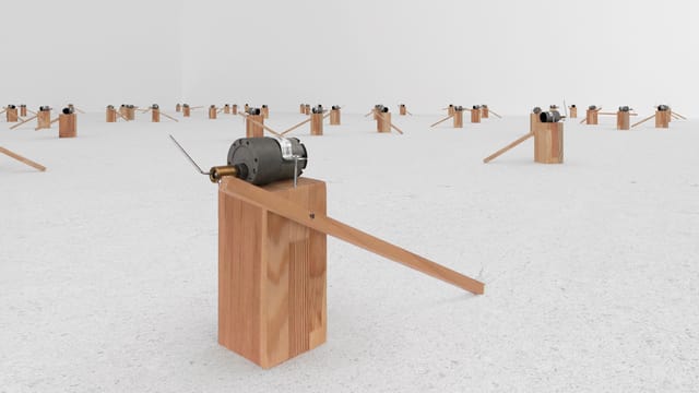Zimoun macht Kunst: Motoren bewegen eine Holzleiste. Diese erzeugt einen Klang - jedesmal wenn sie am Boden auftrifft. Zimoun macht Kunst: Motoren bewegen eine Holzleiste. Diese erzeugt einen Klang - jedesmal wenn sie am Boden auftrifft.