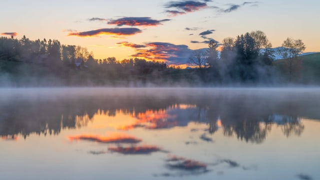 Der See raucht. Flache, dünne Nebelschwaden ziehen über den Dittligsee. Der See raucht. Flache, dünne Nebelschwaden ziehen über den Dittligsee.