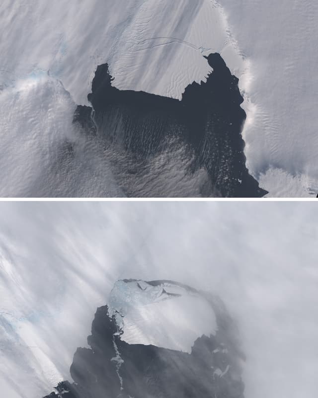 Foto zeigt den Eisberg vor und nach der Loslösung vom Gletscher. Foto zeigt den Eisberg vor und nach der Loslösung vom Gletscher.