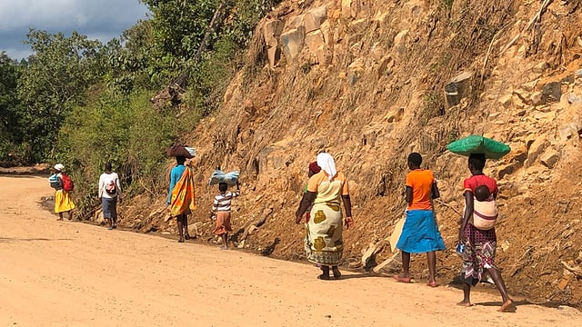 Eine Gruppe von Frauen und Kindern geht einer Strasse entlang und trägt erhaltene Moskitonetze Eine Gruppe von Frauen und Kindern geht einer Strasse entlang und trägt erhaltene Moskitonetze