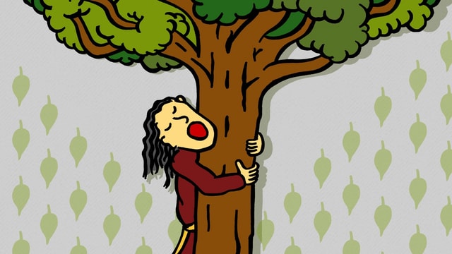 Eine Zeichnung, die einen Mann zeigt, der einen Baum umarmt. Eine Zeichnung, die einen Mann zeigt, der einen Baum umarmt.