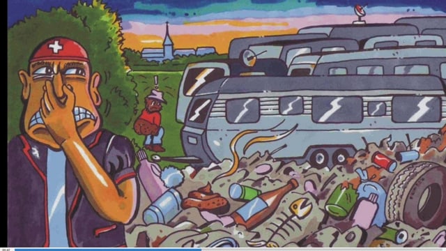 Ein Plakat, das einen Schweizer zeigt, der sich vor dem Wohnwagen von Fahrenden die Nase zuhält. Ein Plakat, das einen Schweizer zeigt, der sich vor dem Wohnwagen von Fahrenden die Nase zuhält.