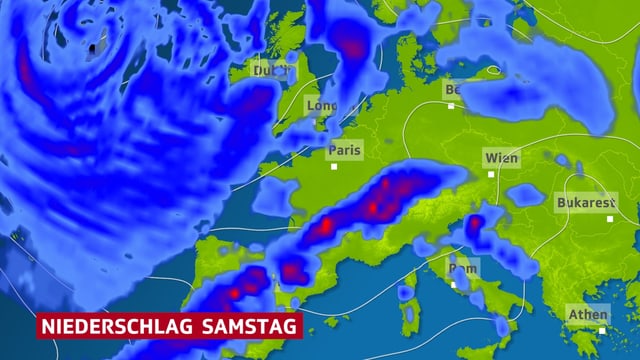 Regengebiete am Sonntag über Europa, von Spanien bis zu den Alpen wird es sehr nass. Regengebiete am Sonntag über Europa, von Spanien bis zu den Alpen wird es sehr nass.