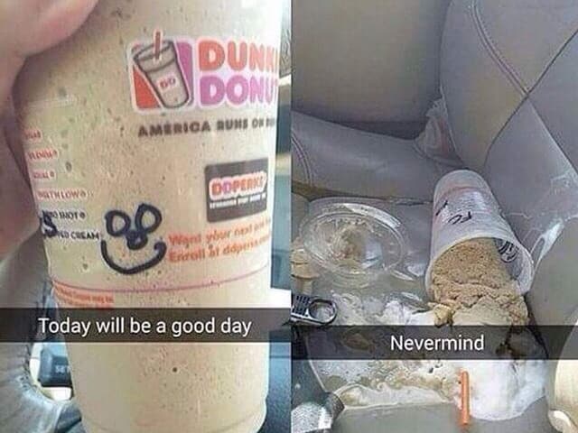 Zwei Snaps, ein erstes mit einem vollen Blastikbecher Milkshake und der freudigen Hoffnung auf einen guten Tag, im zweiten Bild ist der Milkshake ausgeleert und die Hoffnung zunichte. Zwei Snaps, ein erstes mit einem vollen Blastikbecher Milkshake und der freudigen Hoffnung auf einen guten Tag, im zweiten Bild ist der Milkshake ausgeleert und die Hoffnung zunichte.