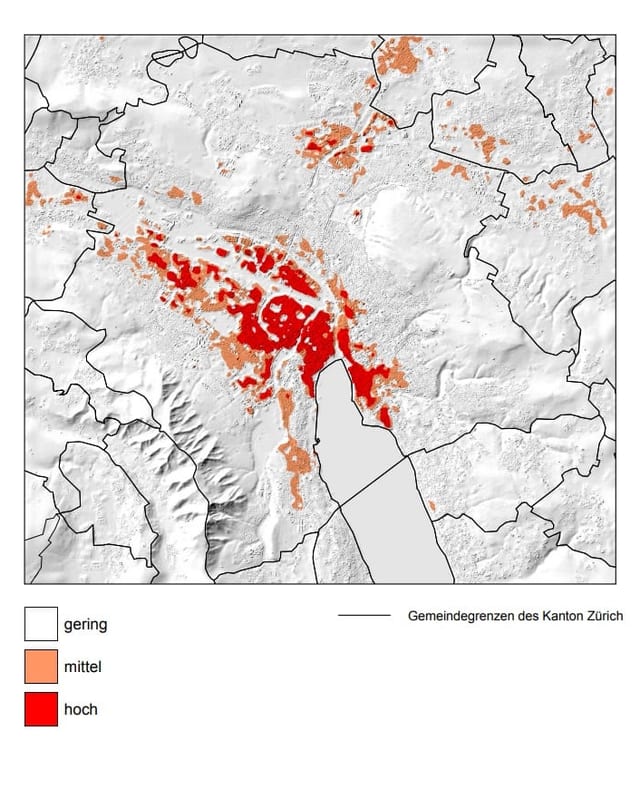 Eine Wärmebelastungskarte der Stadt Zürich. Im Zentrum ist die Belastung hoch. Eine Wärmebelastungskarte der Stadt Zürich. Im Zentrum ist die Belastung hoch.