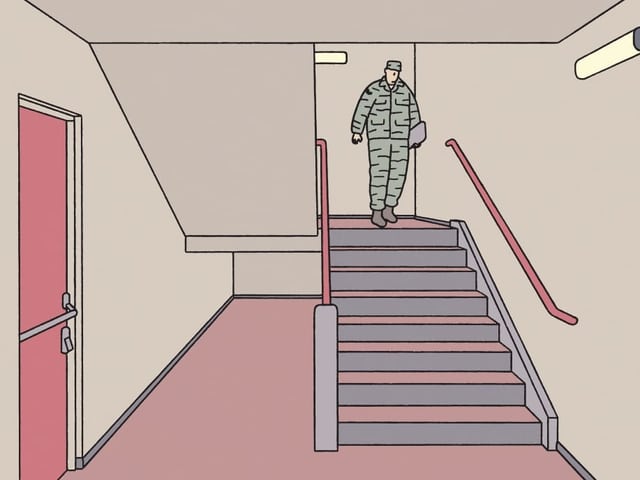 Mann in Tarnanzug kommt eine Treppe herunter Mann in Tarnanzug kommt eine Treppe herunter