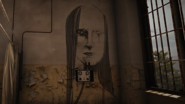 Ein Apparat an der Wand, darüber ein Wandgemälde eines Frauenkopfes. Ein Apparat an der Wand, darüber ein Wandgemälde eines Frauenkopfes.