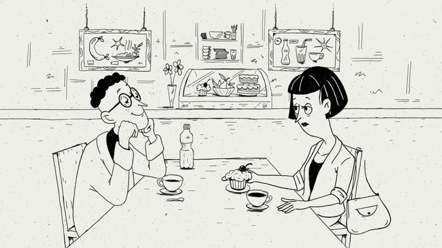 Eine Illustration von Nino Christen zeigt einen Mann und eine Frau beim Kaffee. Eine Illustration von Nino Christen zeigt einen Mann und eine Frau beim Kaffee.