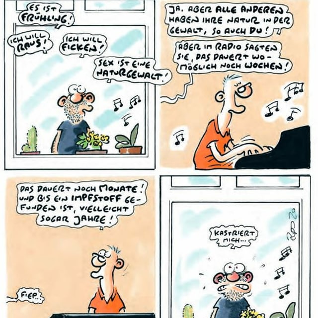 Comic Ausschnitt mit Mann am Fenster und Mann am Kalvier Comic Ausschnitt mit Mann am Fenster und Mann am Kalvier