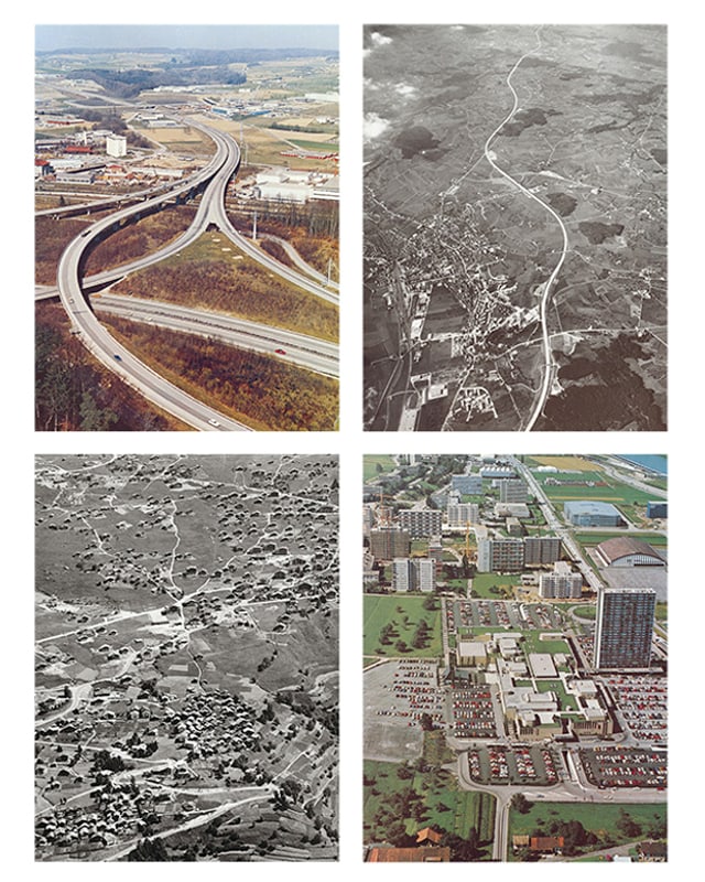 Luftaufnahmen von Autobahnen und Agglomerationen.