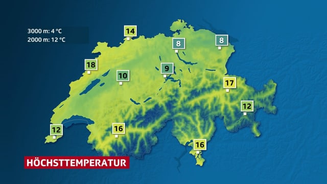 Eine Karte zeigt die Höchsttemperaturen in der Schweiz am Samstag Eine Karte zeigt die Höchsttemperaturen in der Schweiz am Samstag
