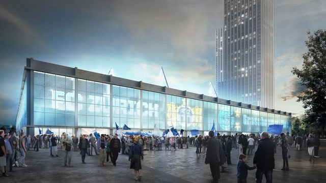 Visualisierung des neuen Stadions: Die Aussenwand des Stadions ist beleuchtet mit den Logos der Fussballclubs. Visualisierung des neuen Stadions: Die Aussenwand des Stadions ist beleuchtet mit den Logos der Fussballclubs.