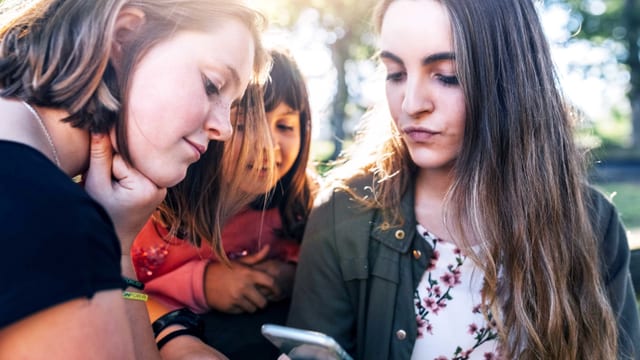 Drei junge Frauen schauen auf ein Smartphone. Drei junge Frauen schauen auf ein Smartphone.