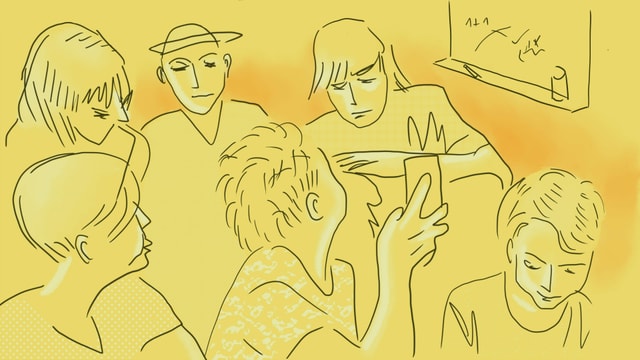 eine Illustration von Jugendlichen im Schulzimmer. Der eine zeigt sein Handy herum eine Illustration von Jugendlichen im Schulzimmer. Der eine zeigt sein Handy herum