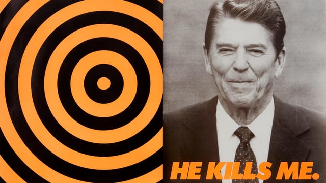 Spirale und Foto von Ronald Reagan. Darunter steht "He kills me" Spirale und Foto von Ronald Reagan. Darunter steht "He kills me"