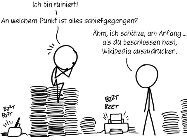 Menschen auf Papierstapeln, daneben laufende Drucker Menschen auf Papierstapeln, daneben laufende Drucker