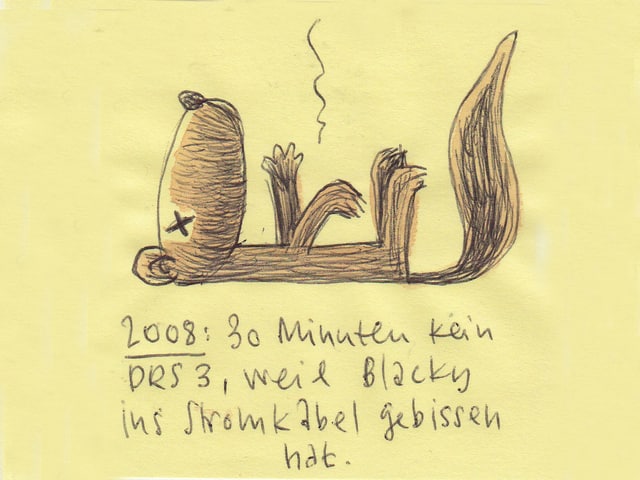Ein gezeichnetes totes Eichhörnchen liegt auf dem Rücken. Dazu steht handschriftlich der Satz: 30 Minuten kein DRS 3, weil Blacky ins Stromkabel gebissen hat.