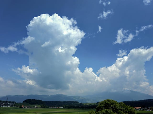 Eine grosse Quellwolke wächst empor, im Hintergrund das Niederhorn.