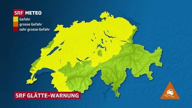 Schweizer Karte mit Gebieten mit Gefahr vor Schneeglätte. Schweizer Karte mit Gebieten mit Gefahr vor Schneeglätte.