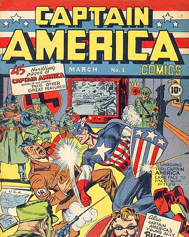 Ein Comic-Cover, auf dem ein Superheld Adolf Hitler schlägt Ein Comic-Cover, auf dem ein Superheld Adolf Hitler schlägt