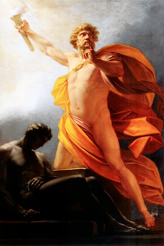 Gemälde eines halbnackten Mannes, der eine Fackel in die Höhe hält. Gemälde eines halbnackten Mannes, der eine Fackel in die Höhe hält.